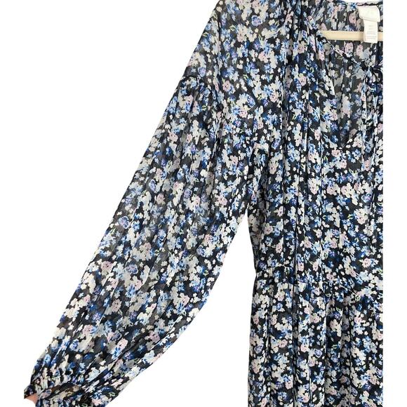 H&M Womens S Oversized Black Ditsy Floral Sheer Chiffon Dress Cottage Milkmaid - Picture 6 of 11